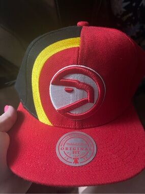 Red Atlanta Hawks Snapback Hat with Yellow & Black Accent retro line